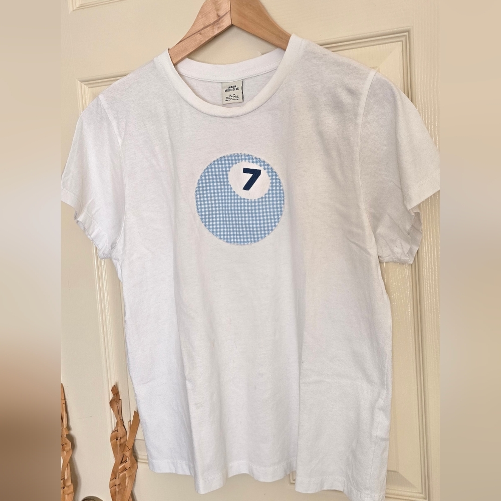 Urban Outfitters White Tee with Blue Checkered Graphic